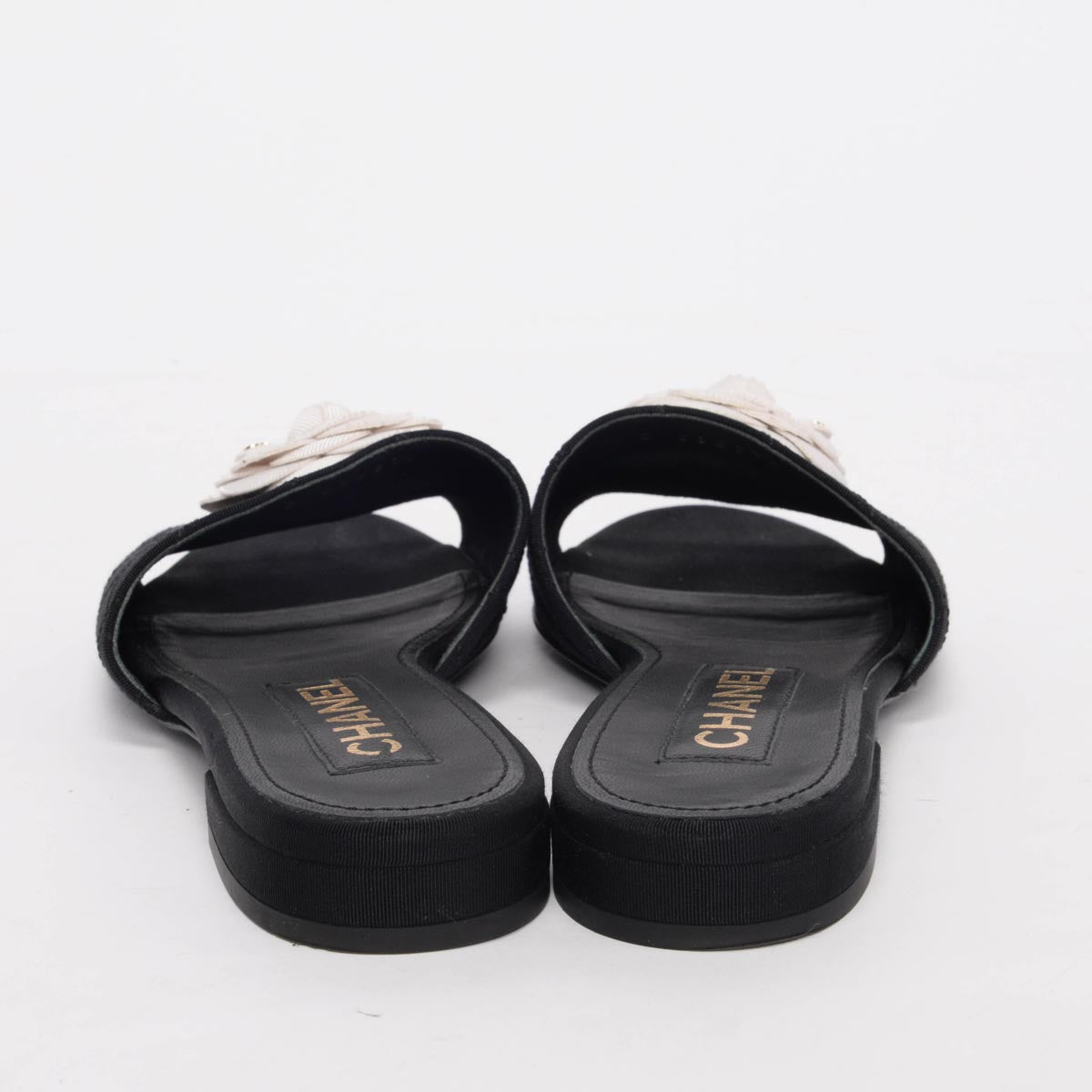 Chanel Black Grosgrain Quilted Camellia Slides 37