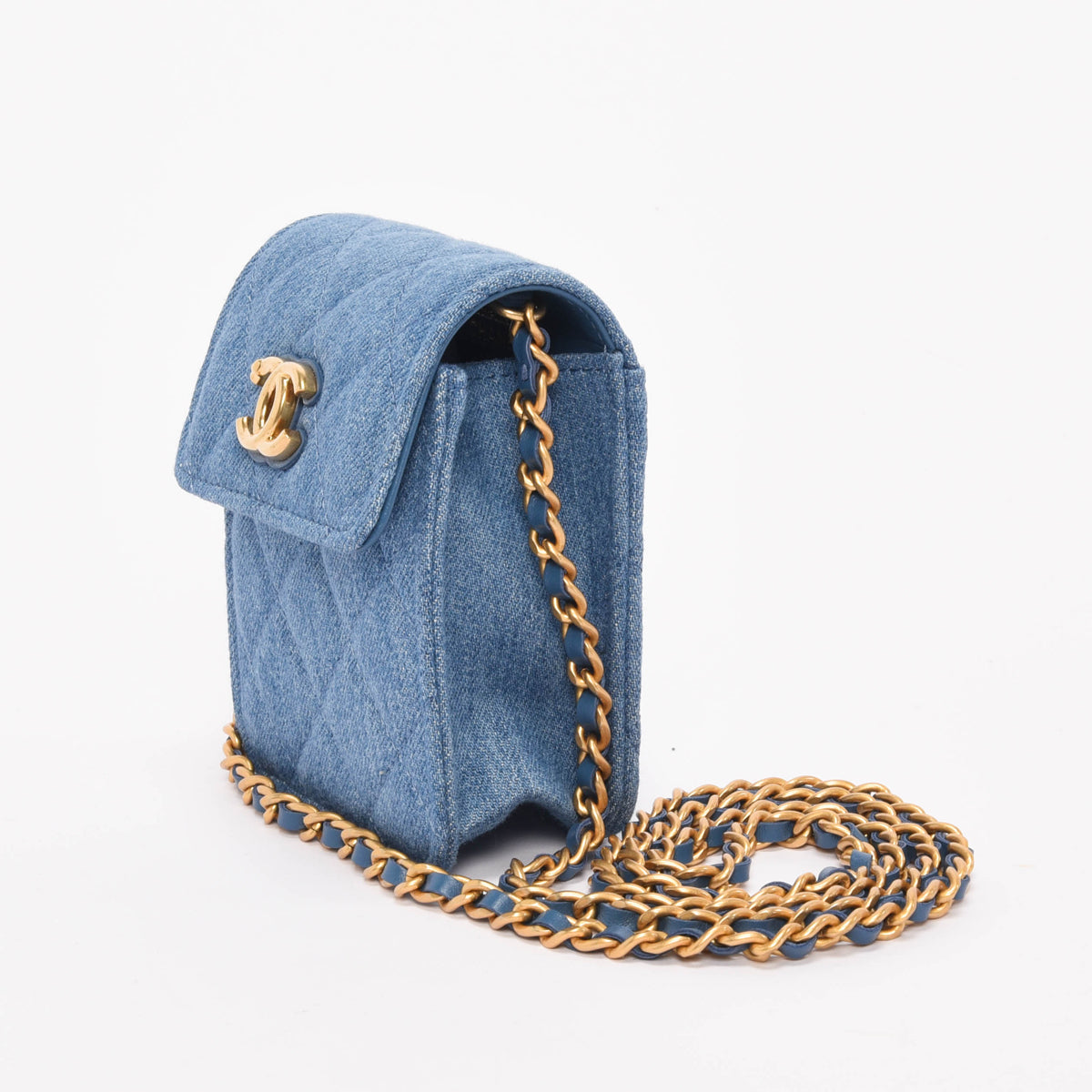 Chanel Blue Quilted Denim Clutch With Chain