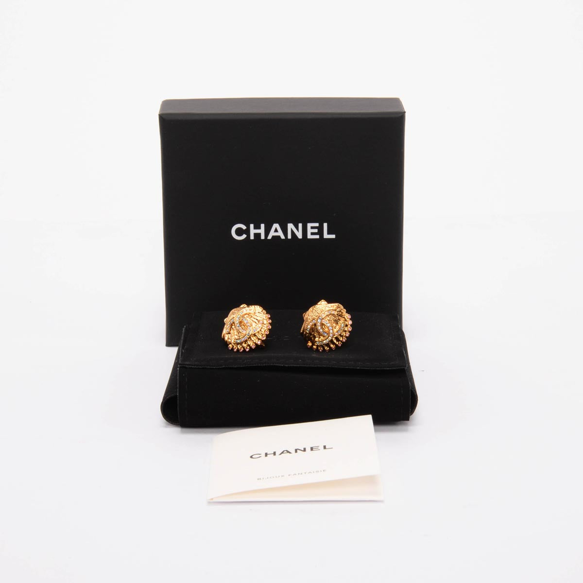 Chanel Gold Crystal CC Shell Clip-On Earrings