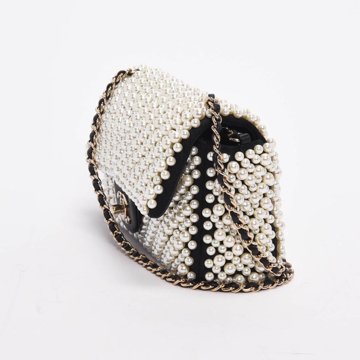Chanel Black Satin & Lambskin Pearl On Flap Bag
