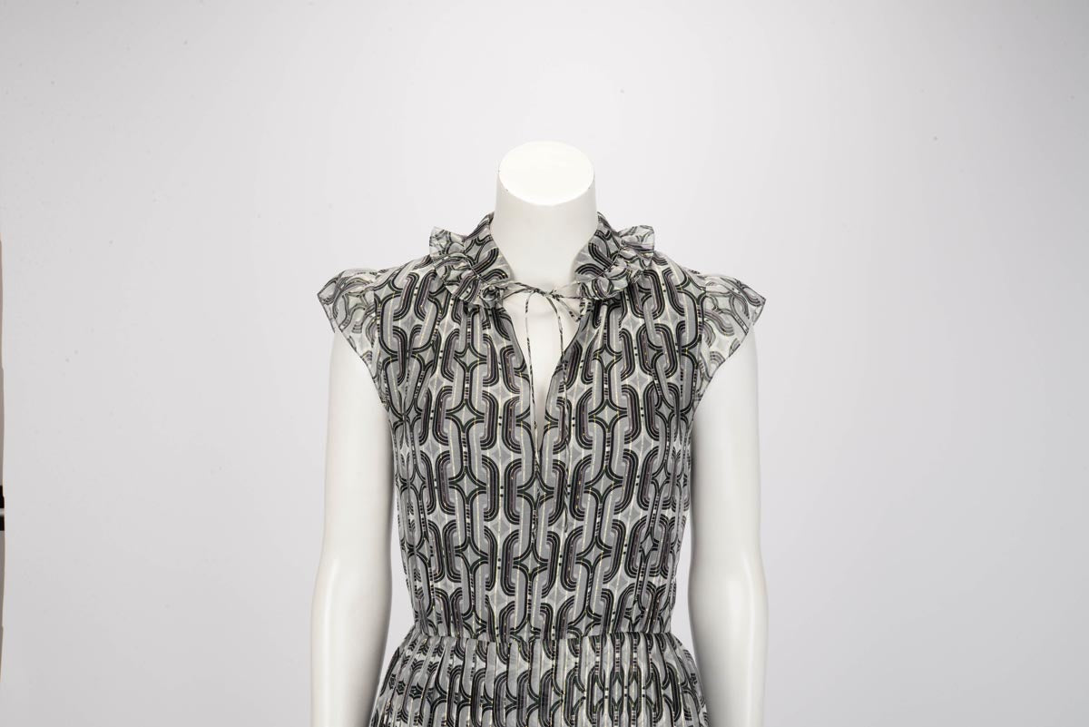 Celine Grey Silk Geometric Pattern Pleated Dress FR 36