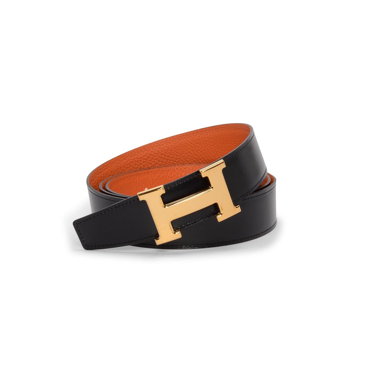 Hermes Black & Orange Box Calf & Togo Reversible H Buckle Belt