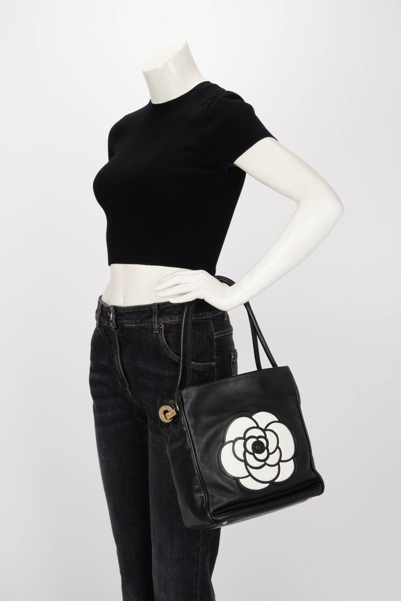 Chanel Black Lambskin Camellia Tote
