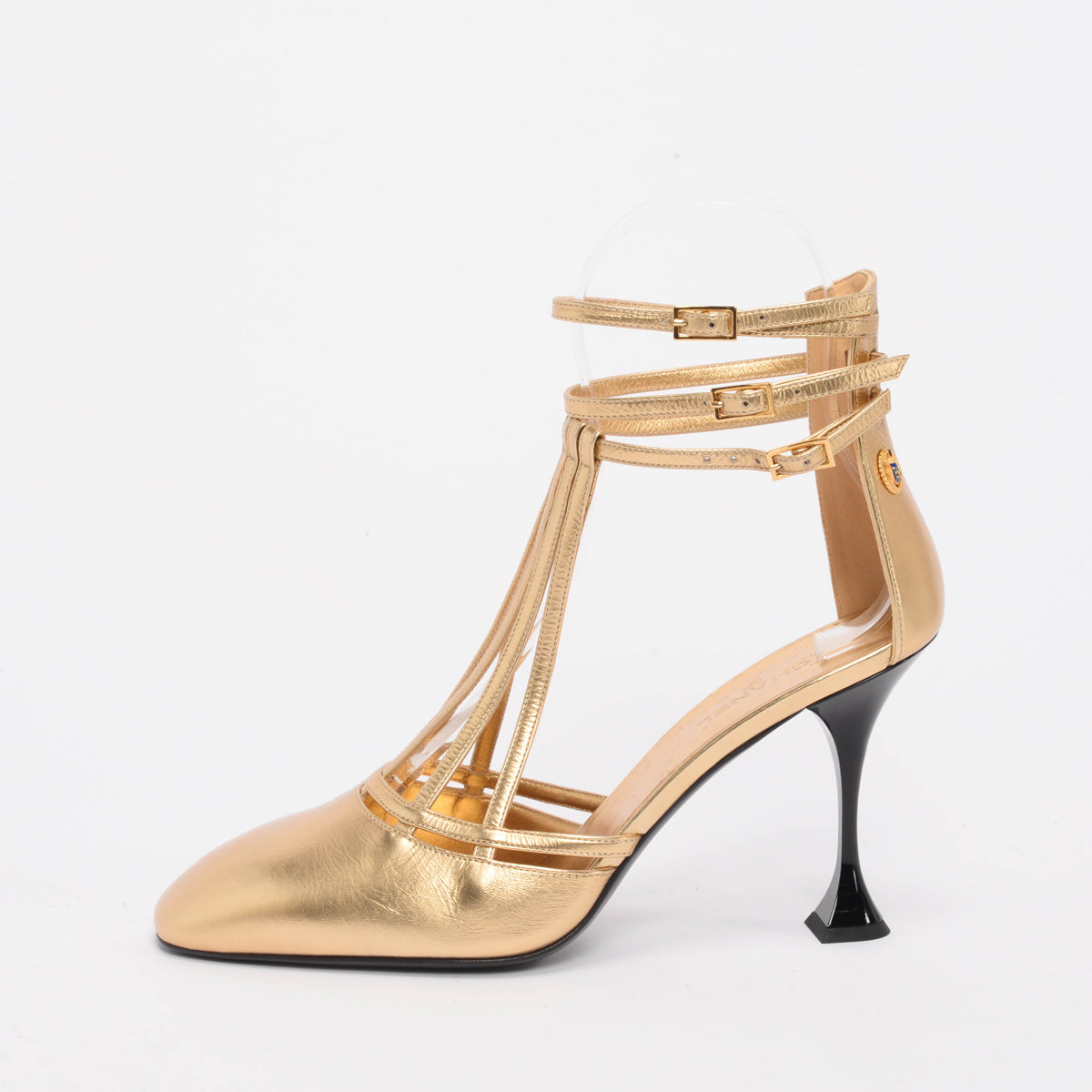 Chanel Gold Metallic Calfskin T-Strap Badge Pumps 41