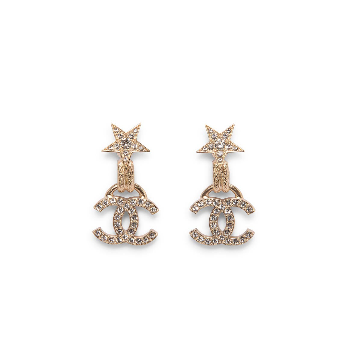 Chanel Light Gold Crystal Star CC Drop Earrings