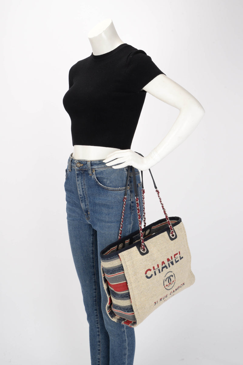 Chanel Beige Striped Canvas Medium Deauville Tote