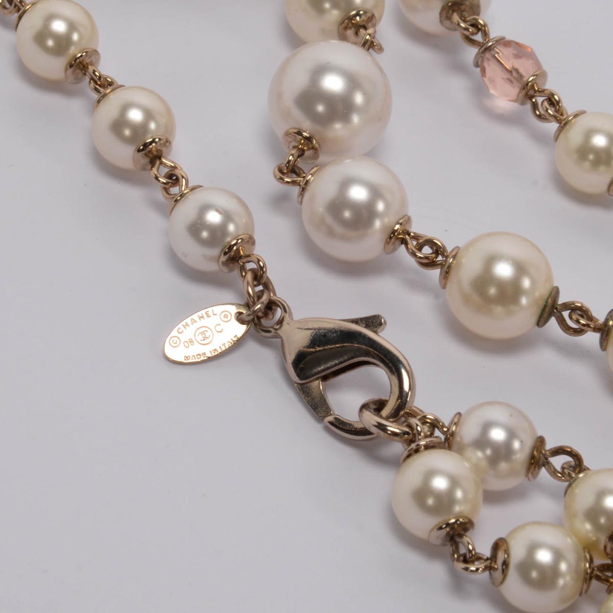 Chanel Light Gold Pearl CC Cameo Long Necklace