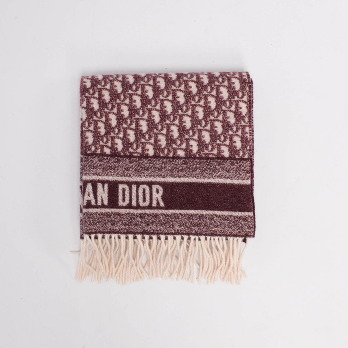 Dior Burgundy Cashmere Oblique Fringed Scarf