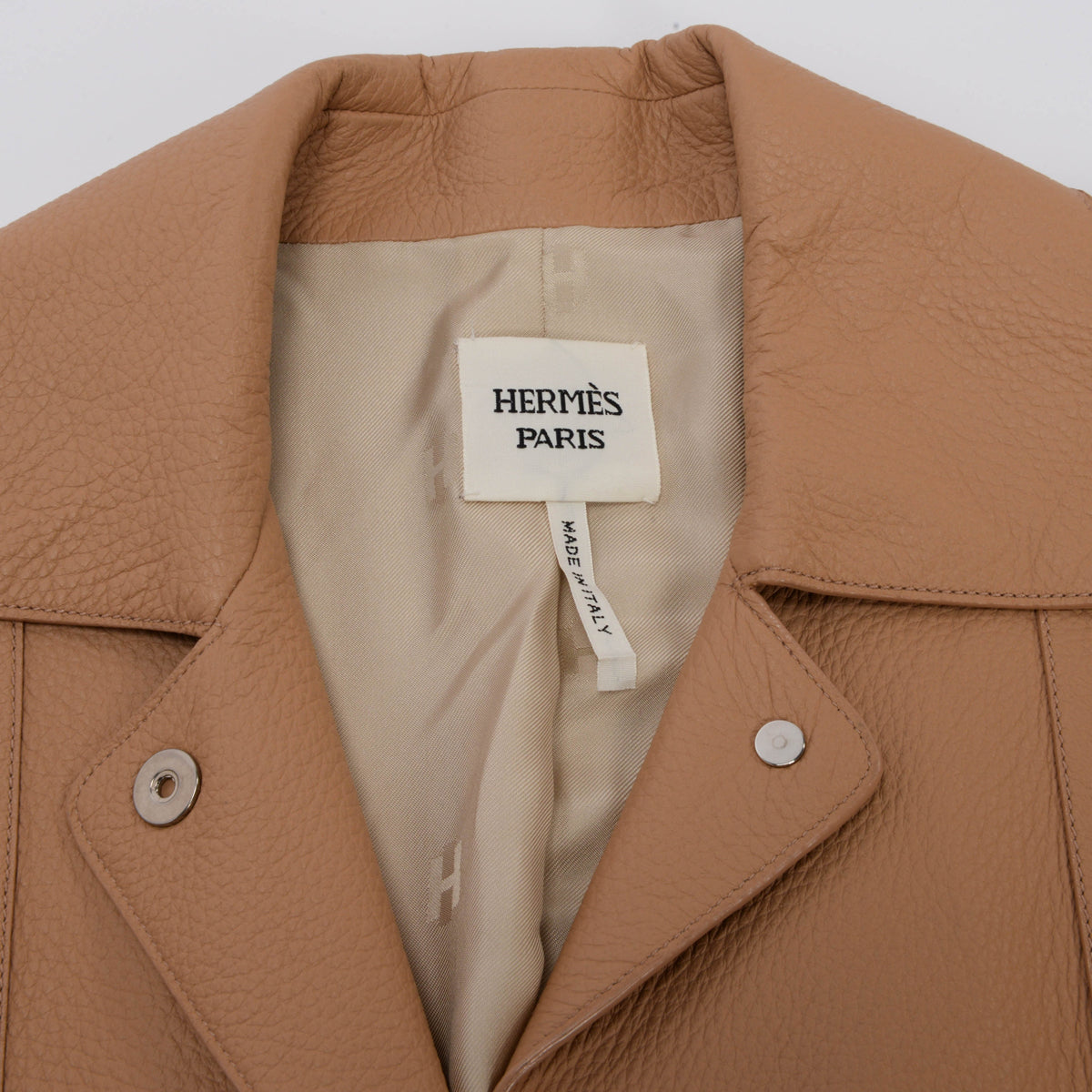 Hermes Camel Deerskin Clou De Selle Button Coat FR 36