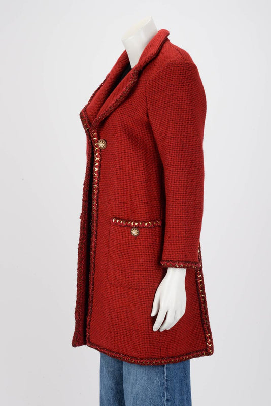 Chanel Red Boucle Gold Chain Trim Coat FR 34 - Blue Spinach