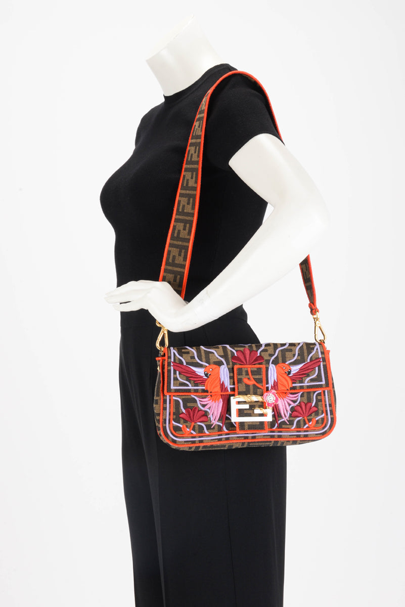 Fendi Multi Colour Zucca Canvas Embroidered Parrots Baguette