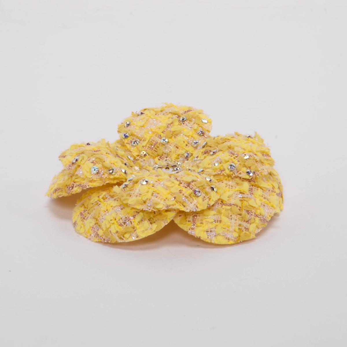 Chanel Yellow Tweed & Crystal CC Camellia Brooch