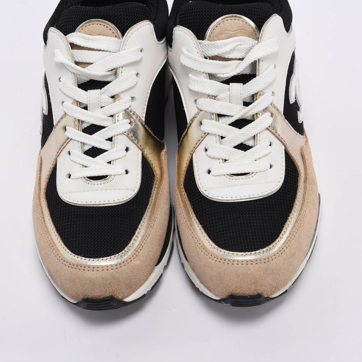 Chanel Beige & Gold Mixed Fibers CC Trainer Sneakers 37.5