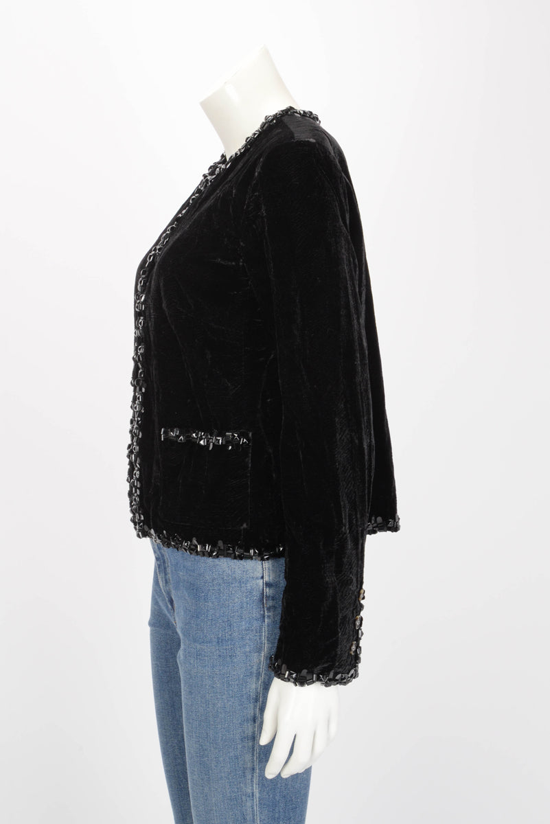 Chanel Black Crushed Velvet Beaded Trim Jacket FR 42