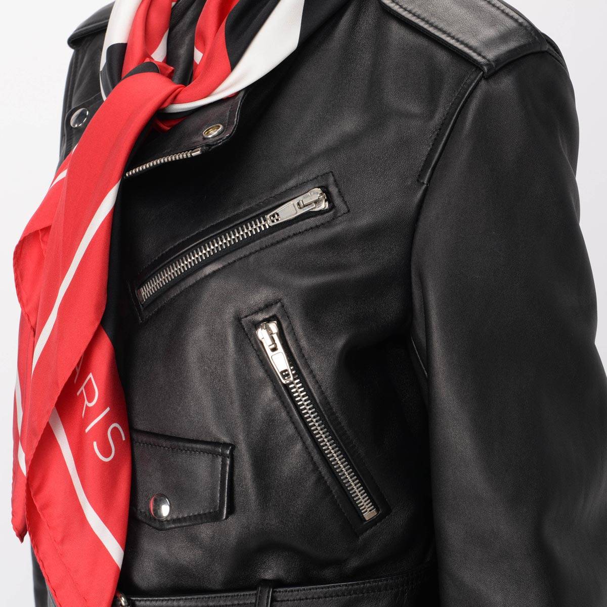 Balenciaga Black Lambskin Detachable Scarf Biker Jacket FR 40