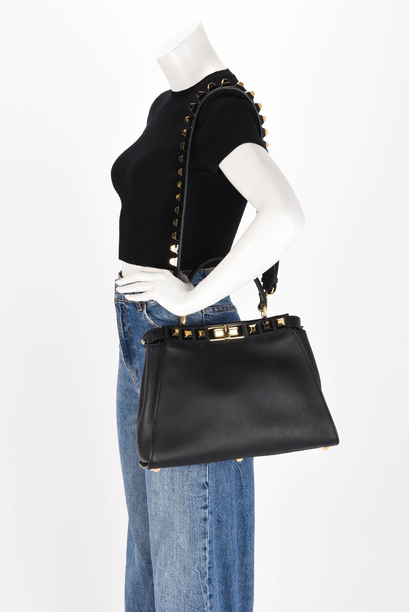 Fendi Black Calfskin Studded Medium Peekaboo Bag