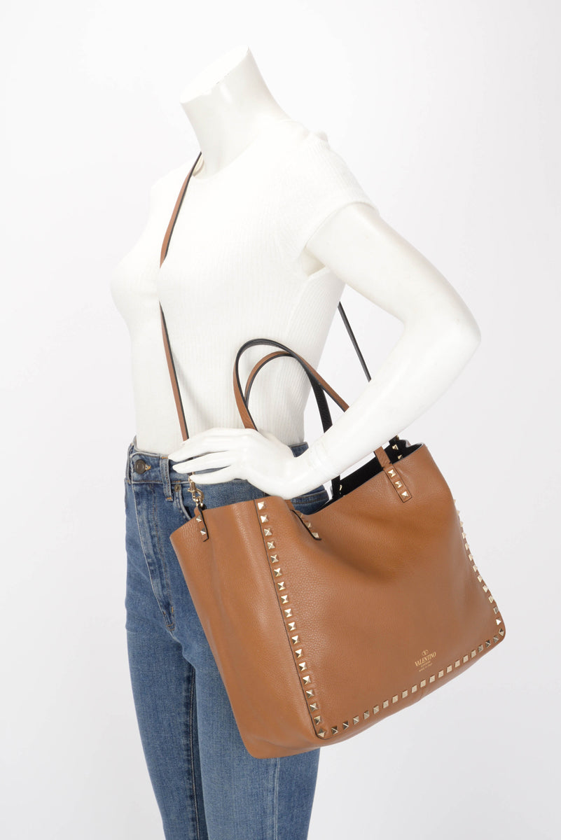 Valentino Black & Tan Grained Calfskin Reversible Rockstud Tote