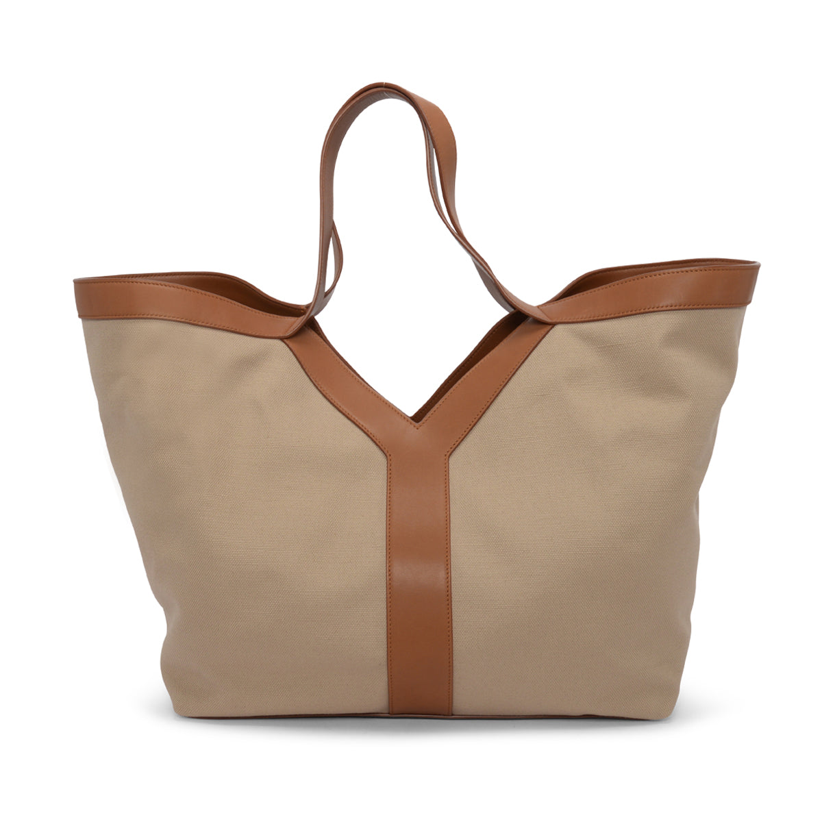 Saint Laurent Brown & Ecru Leather & Canvas Y Tote