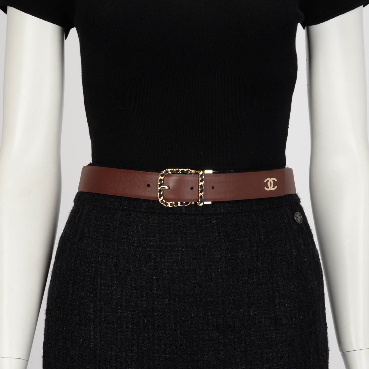 Chanel Black & Burgundy Reversible Leather Chain Buckle Belt