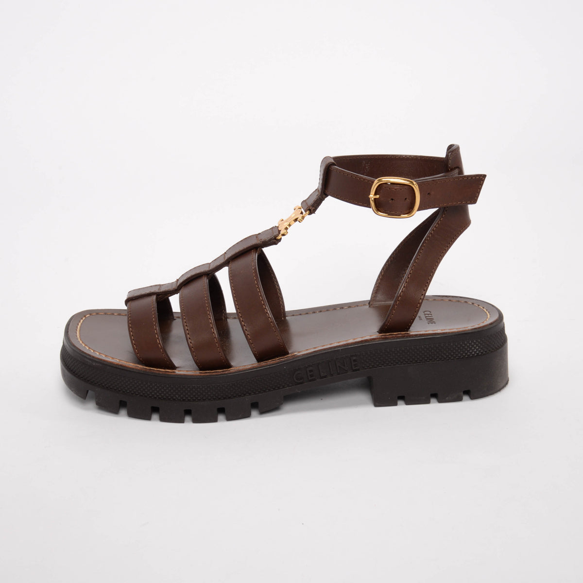 Celine Dark Brown Calfskin Clea Triomphe Sandals 40
