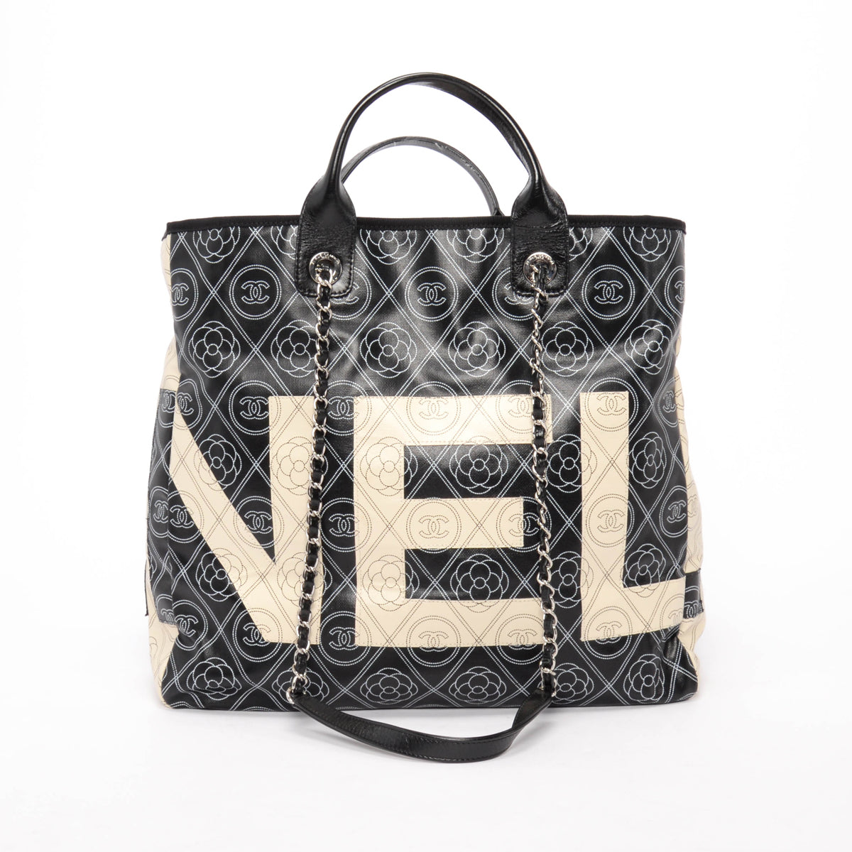 Chanel Black & Ivory Coated Canvas Camellia Tote