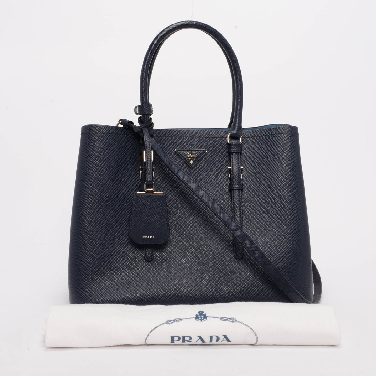 Prada Navy Saffiano Medium Double Tote