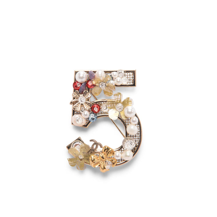 Chanel Light Gold Pearl & Flower Embellished No. 5 Brooch