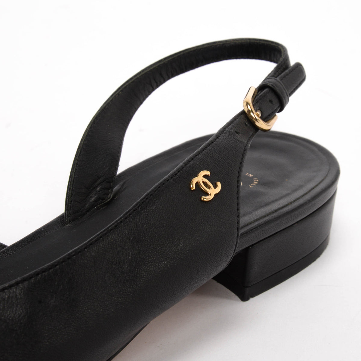 Chanel Black Lambskin Pearl Cap Toe CC Slingback Flats 40