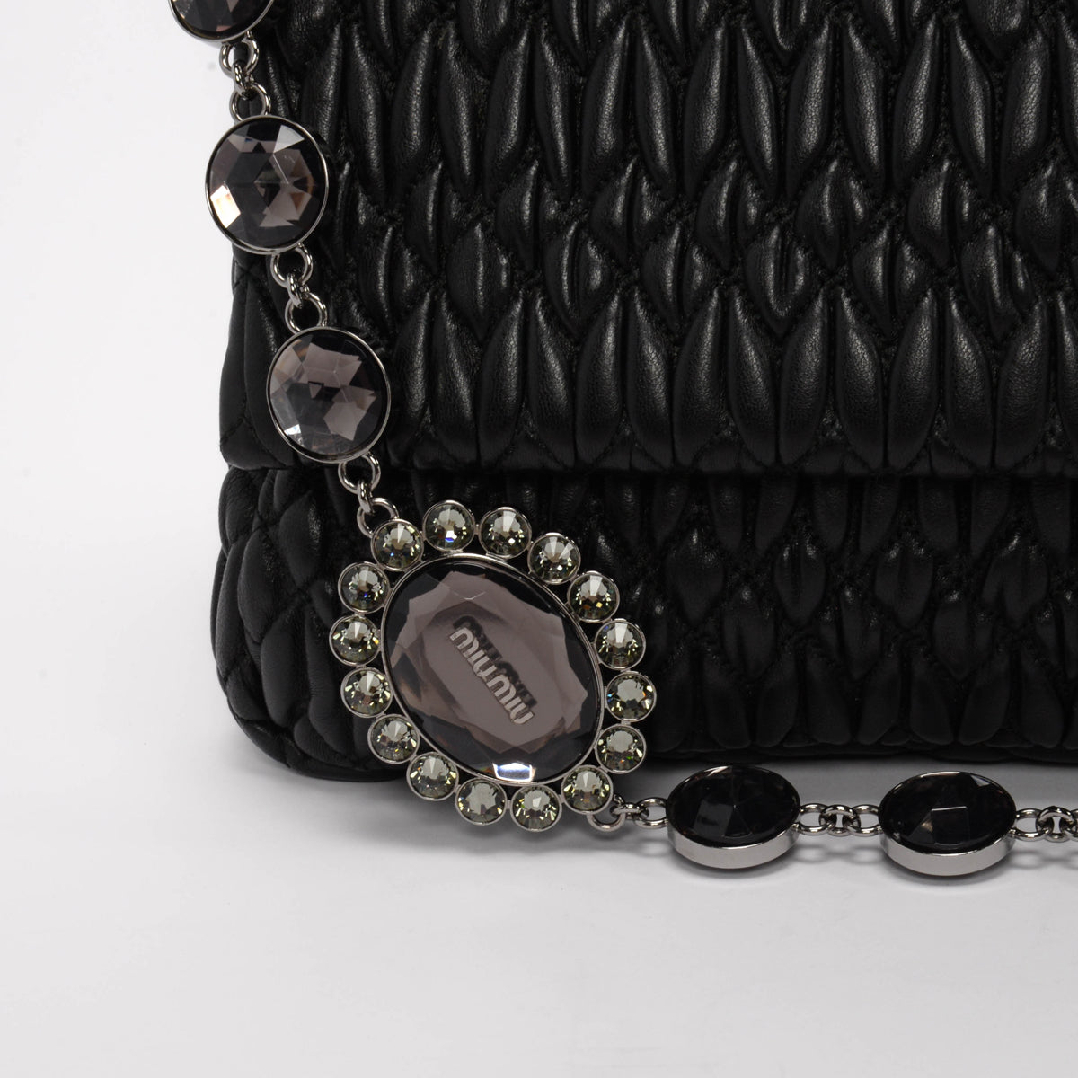 Miu Miu Black Matelasse Nappa Large Crystal Convertible Clutch