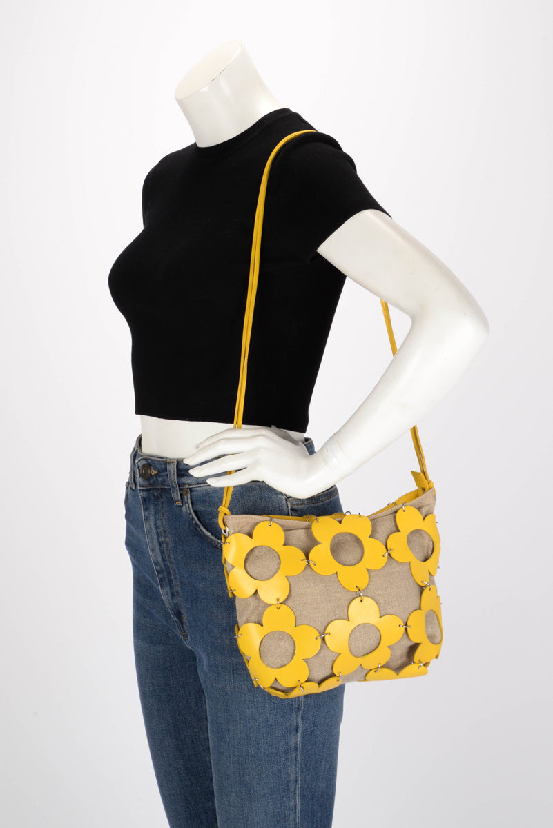 Celine Vintage Yellow Canvas & Calfskin Cutout Flower Bag