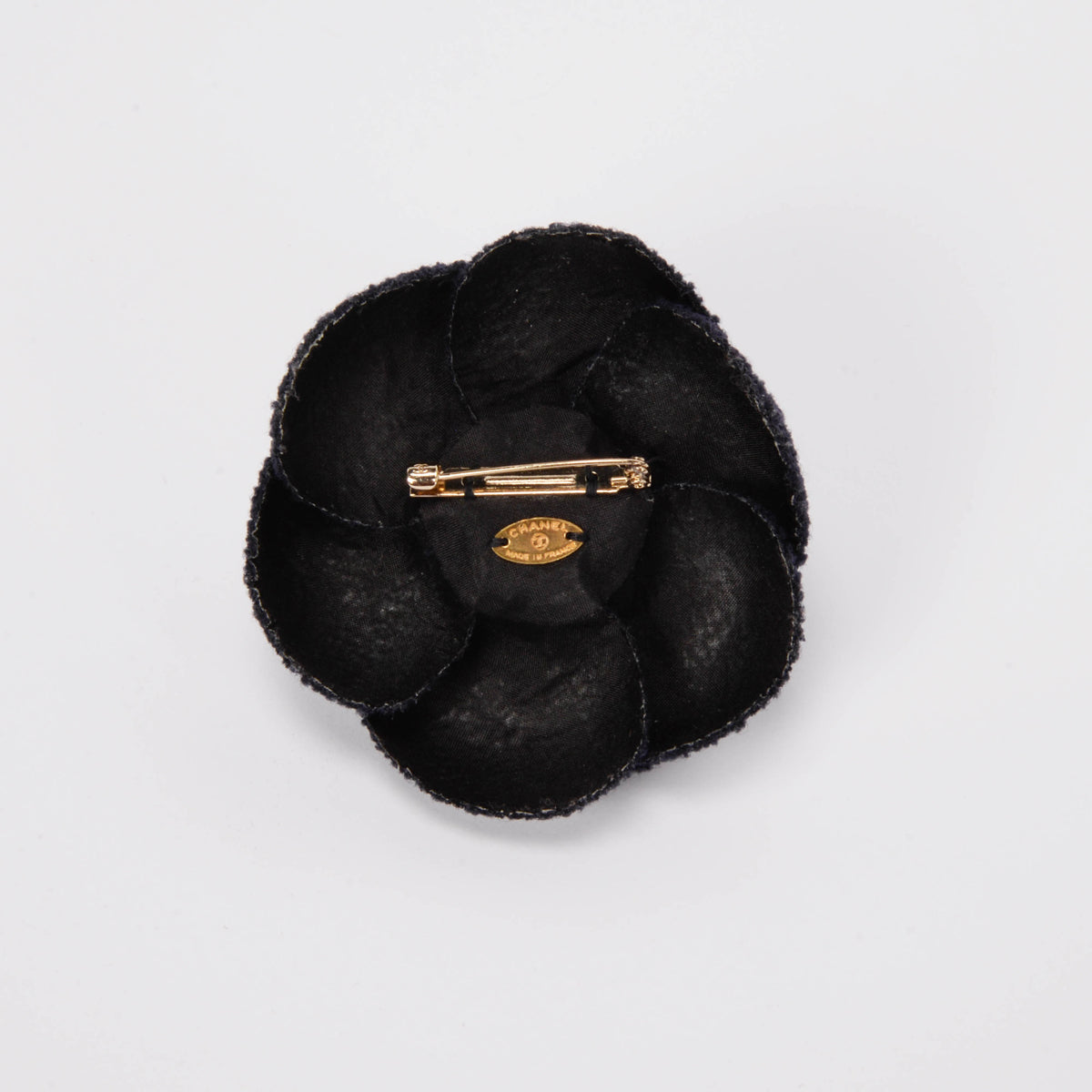 Chanel Navy Tweed & Leather Camellia Brooch