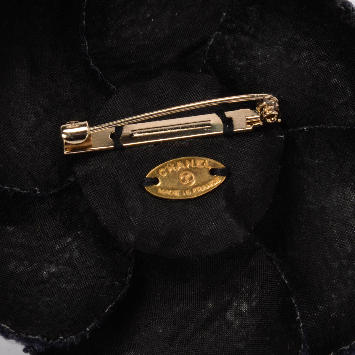 Chanel Navy Tweed & Leather Camellia Brooch