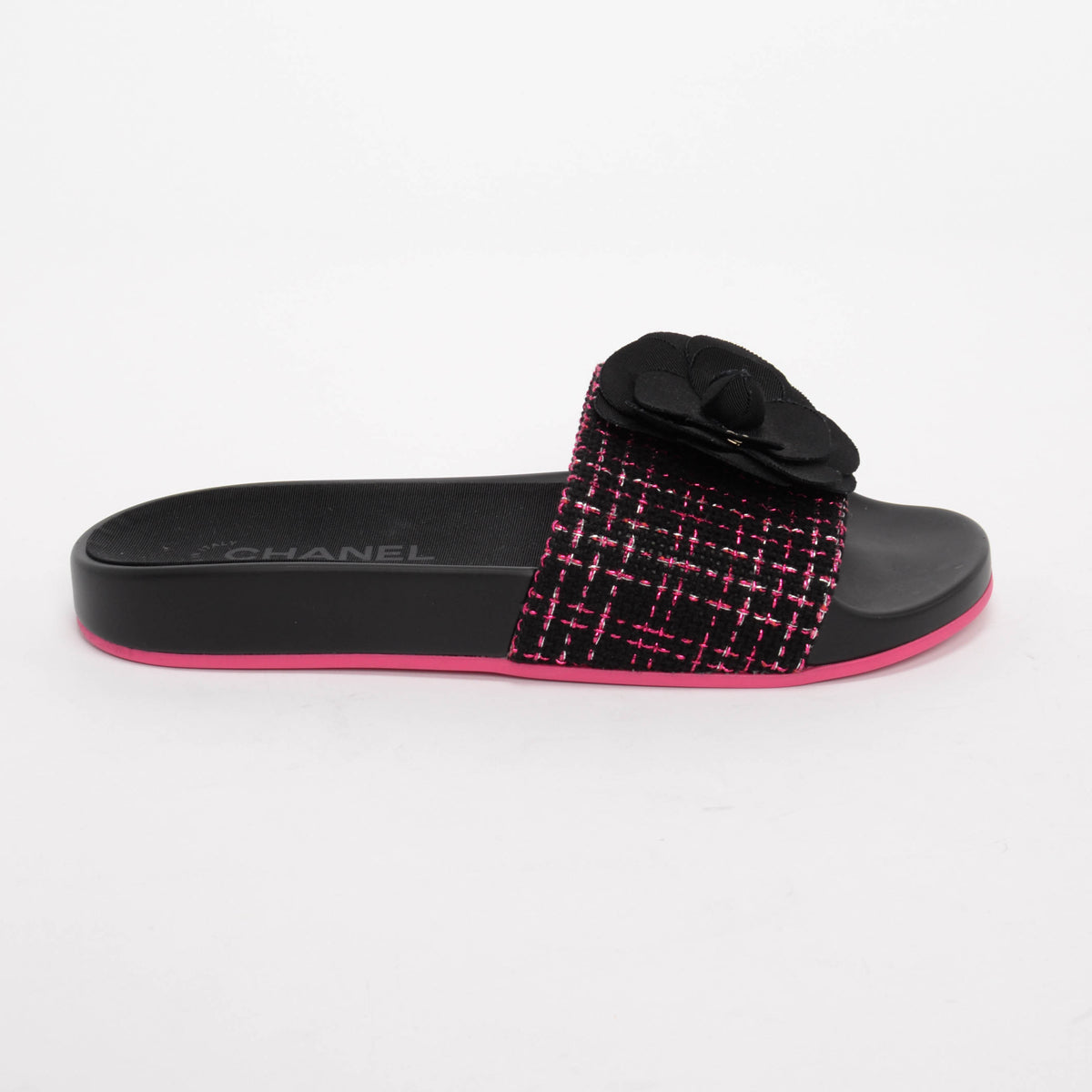 Chanel Black & Pink Tweed Camellia Slides 37