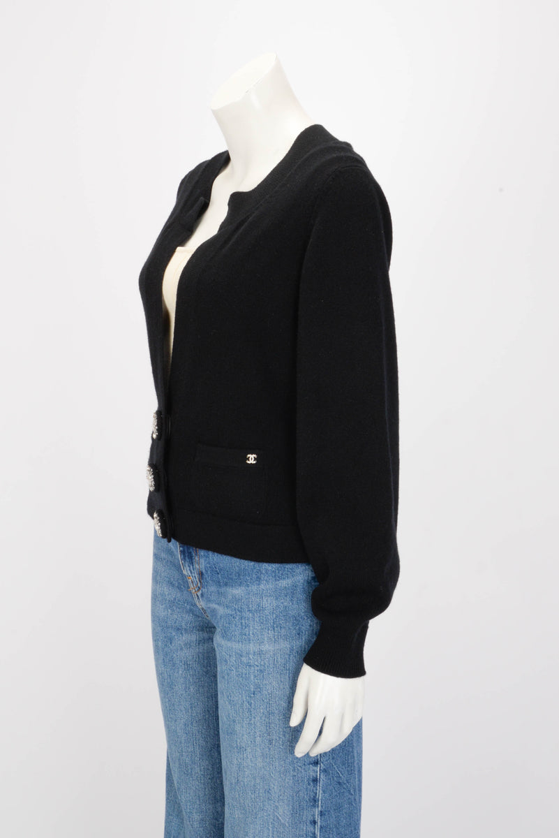 Chanel Black Cashmere Crystal Button Cardigan FR 40