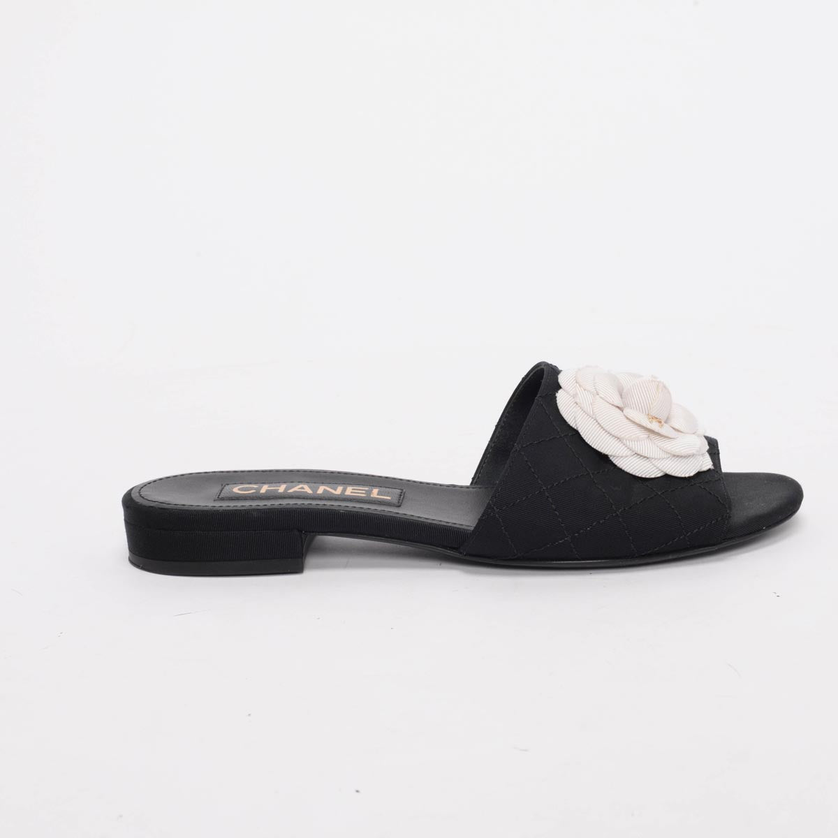 Chanel Black Grosgrain Quilted Camellia Slides 37