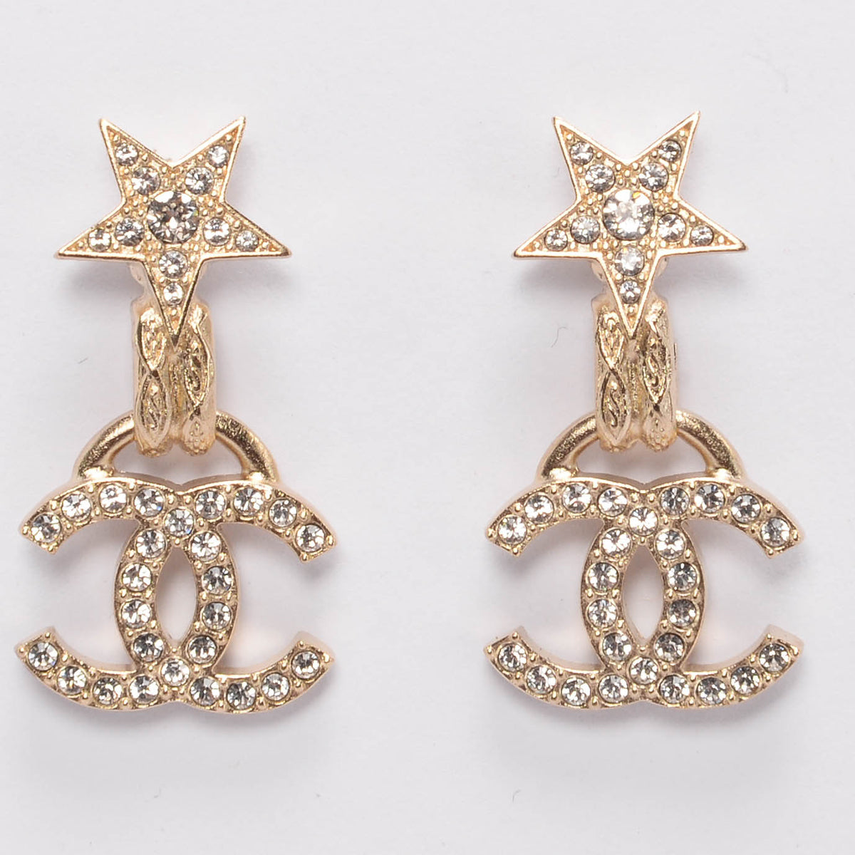 Chanel Light Gold Crystal Star CC Drop Earrings