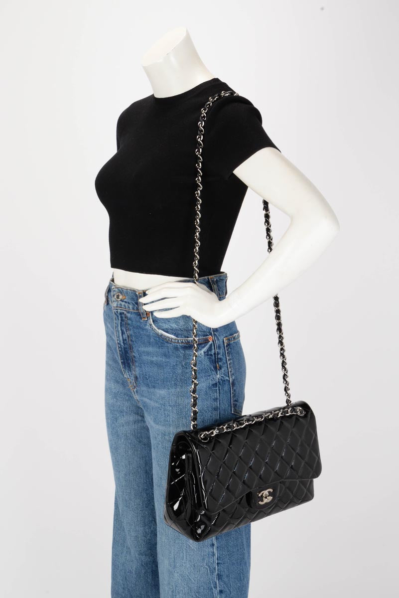 Chanel Black Quilted Patent Large Double Flap Bag