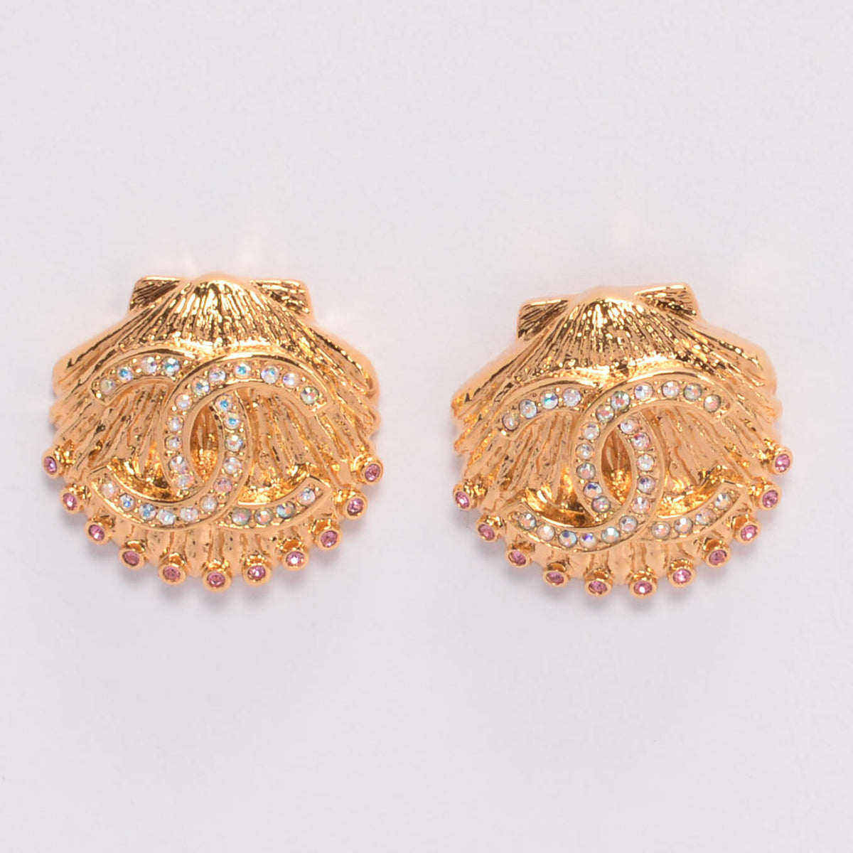 Chanel Gold Crystal CC Shell Earrings