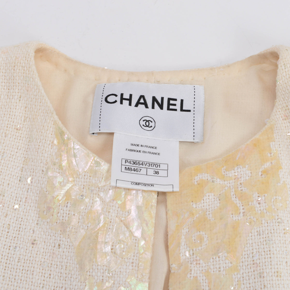 Chanel Cream Sequin Tweed Seashell Mosaic Jacket FR 38