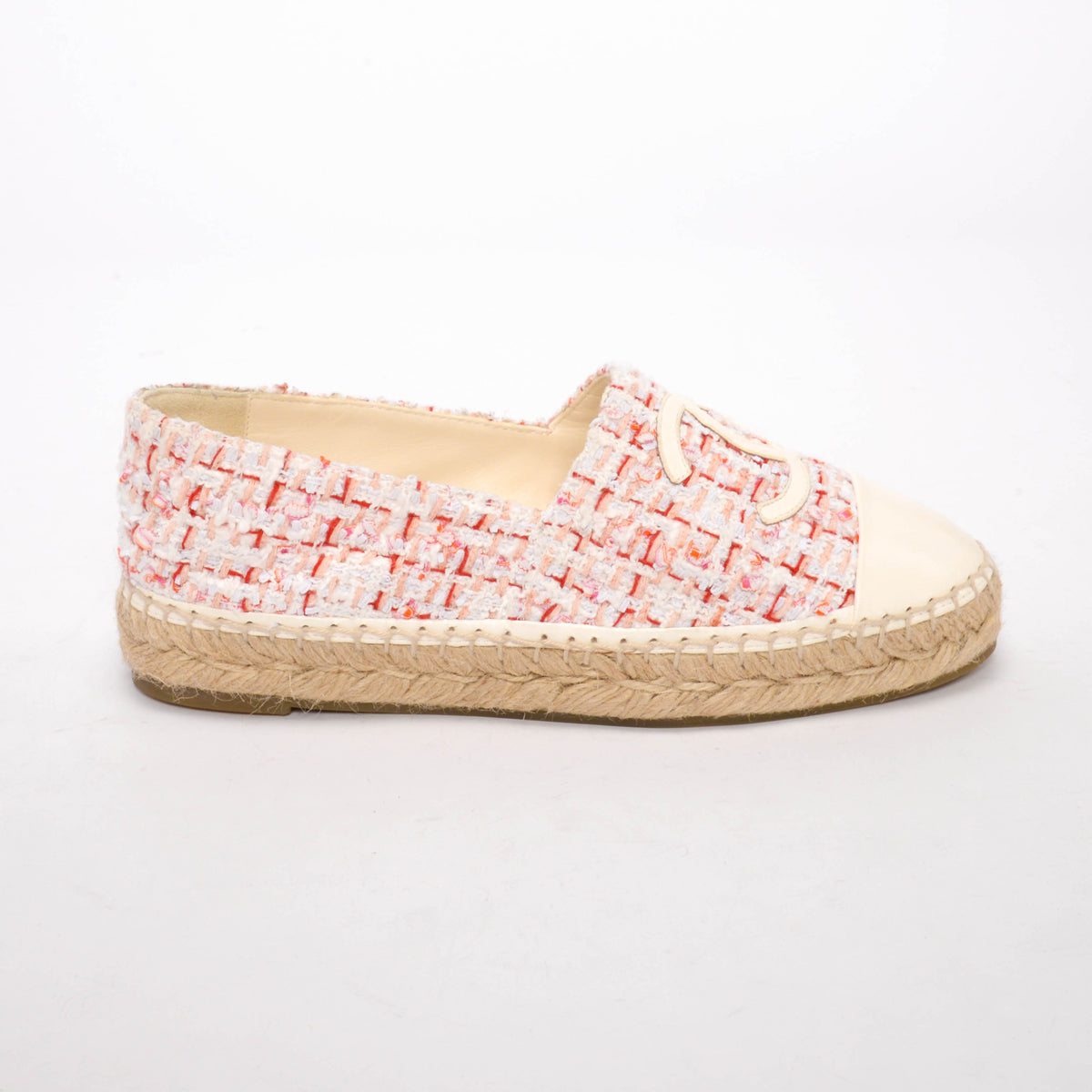 Chanel White & Pink Tweed CC Espadrilles 37