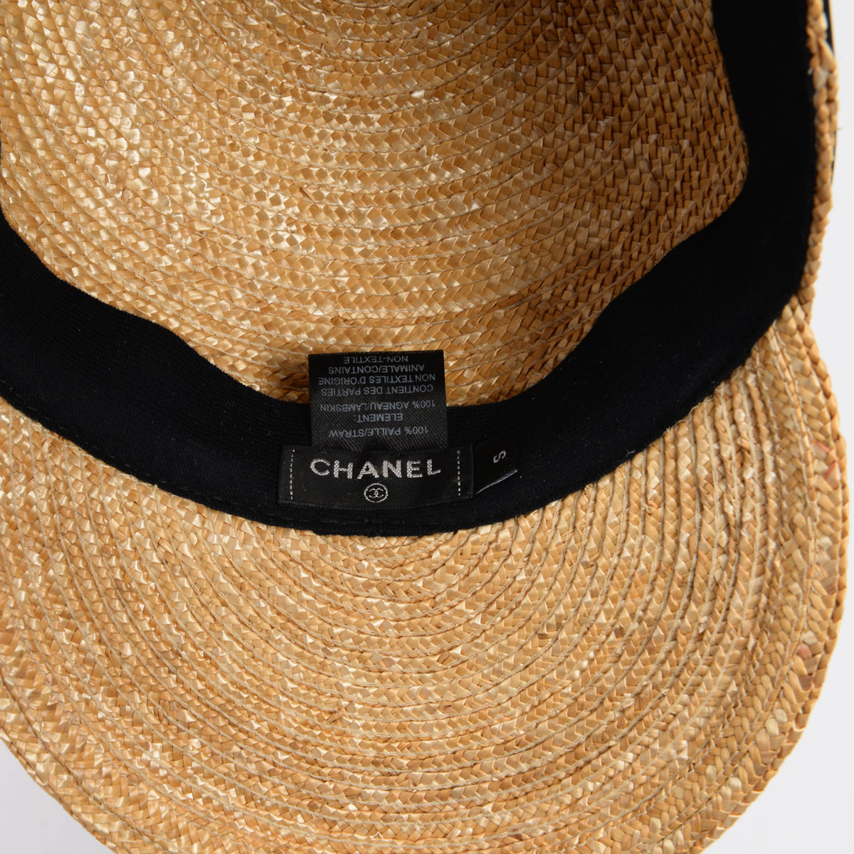 Chanel Black Calfskin & Straw Logo Visor Hat