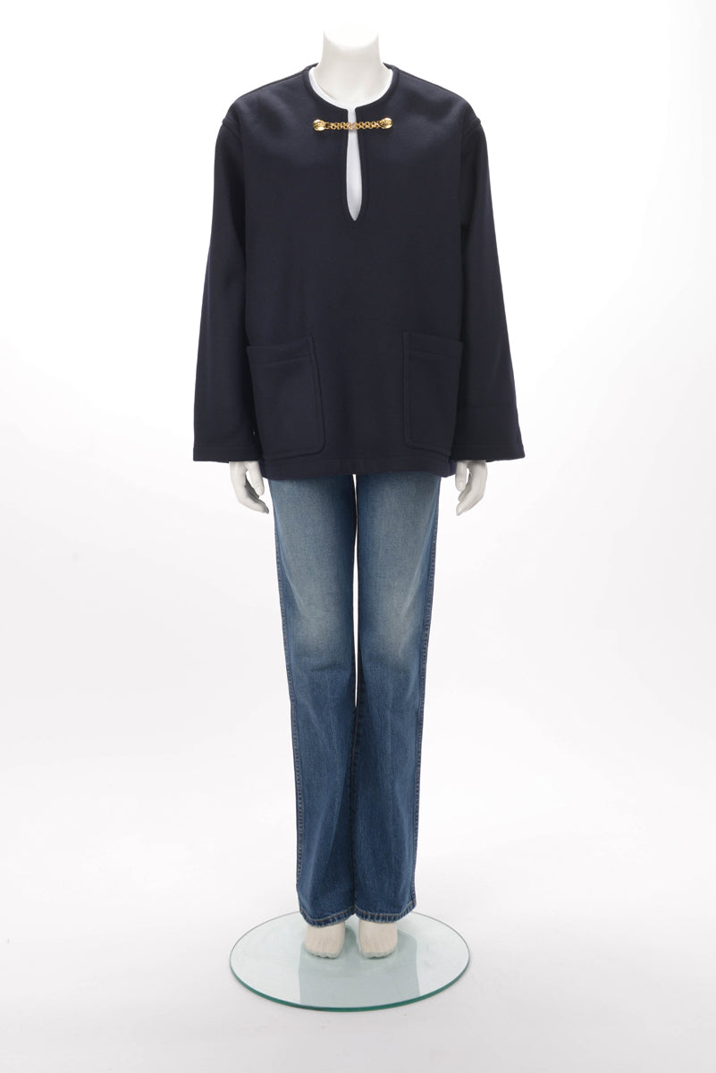 Celine Navy Wool Melton V-Neck Chain Pullover FR 38