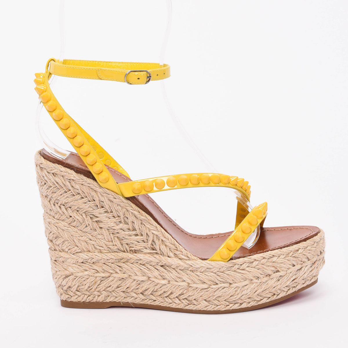 Christian Louboutin Yellow Raffia Mafaldina Zeppa Studded Wedges