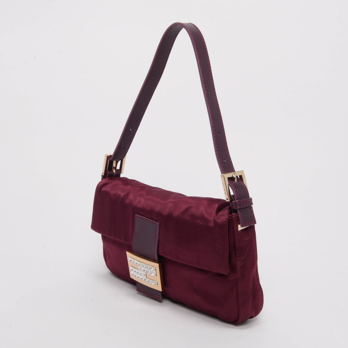 Fendi Burgundy Satin Crystal Baguette Bag