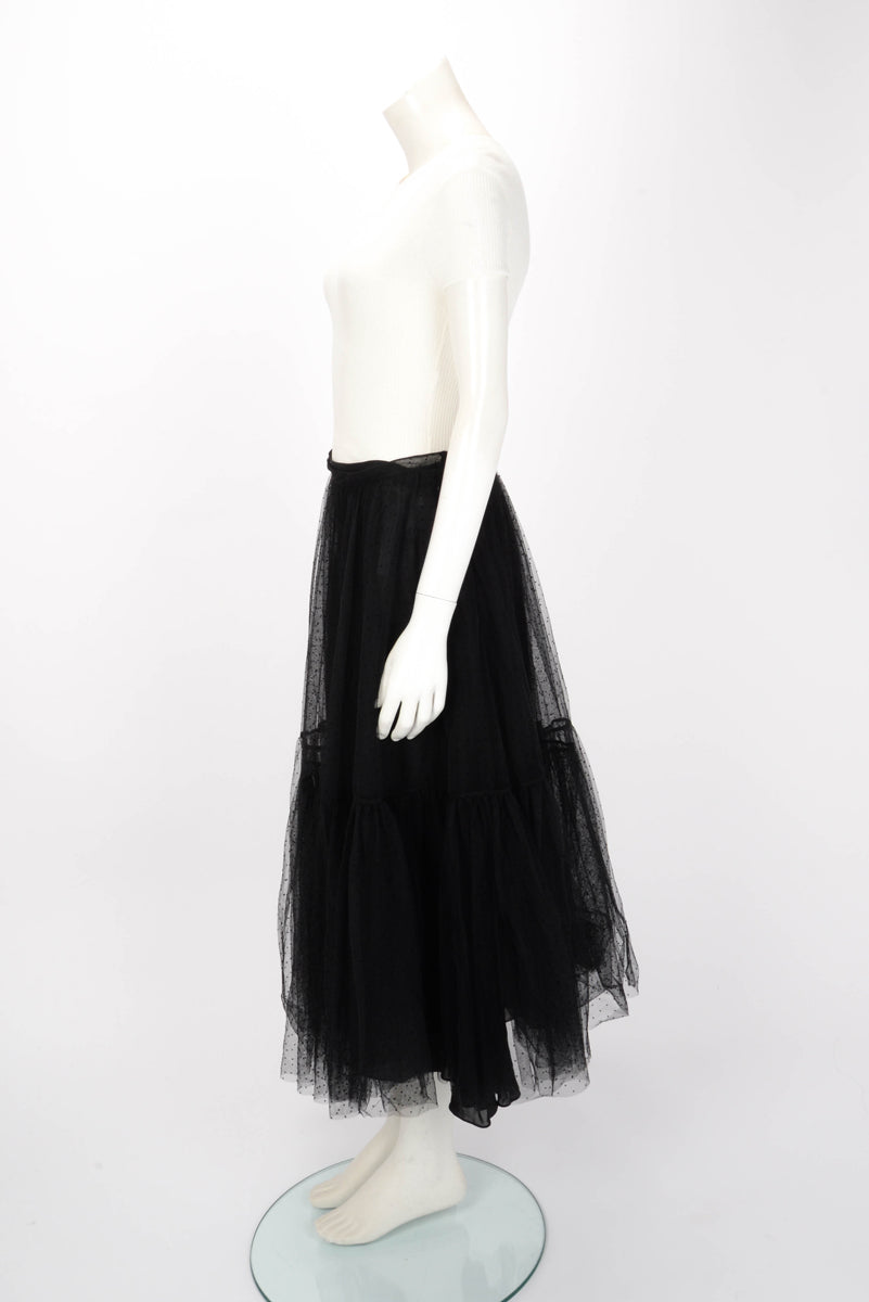 Dior Black Polka Dot Tulle Midi Skirt FR 42
