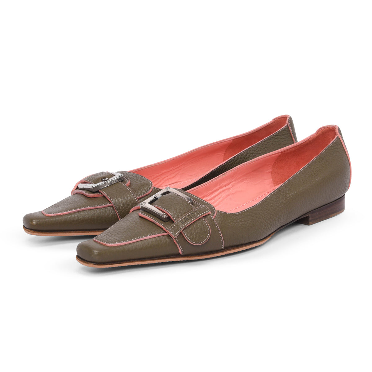 Loewe Khaki & Coral Calfskin Buckle Flats 36