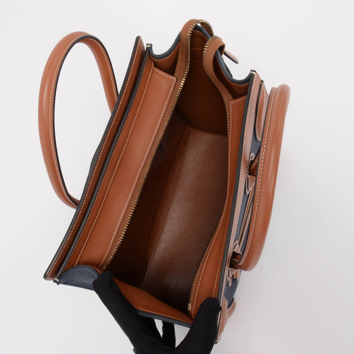Celine Tan & Navy Canvas & Leather Micro Luggage Tote
