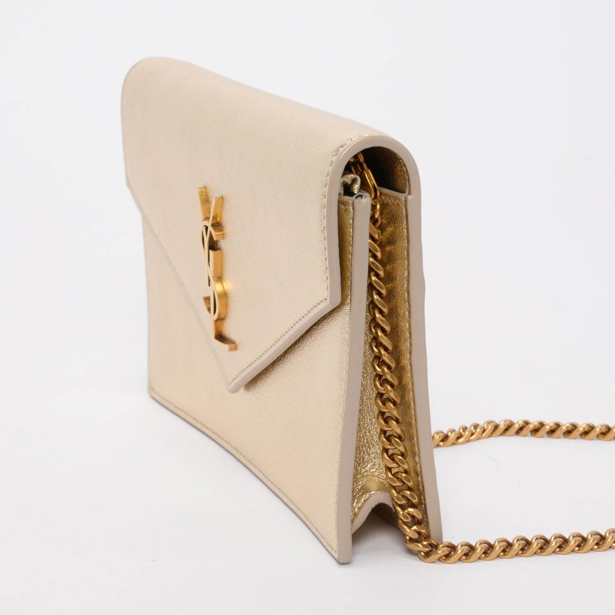 Saint Laurent Gold Calfskin Envelope Chain Wallet Clutch
