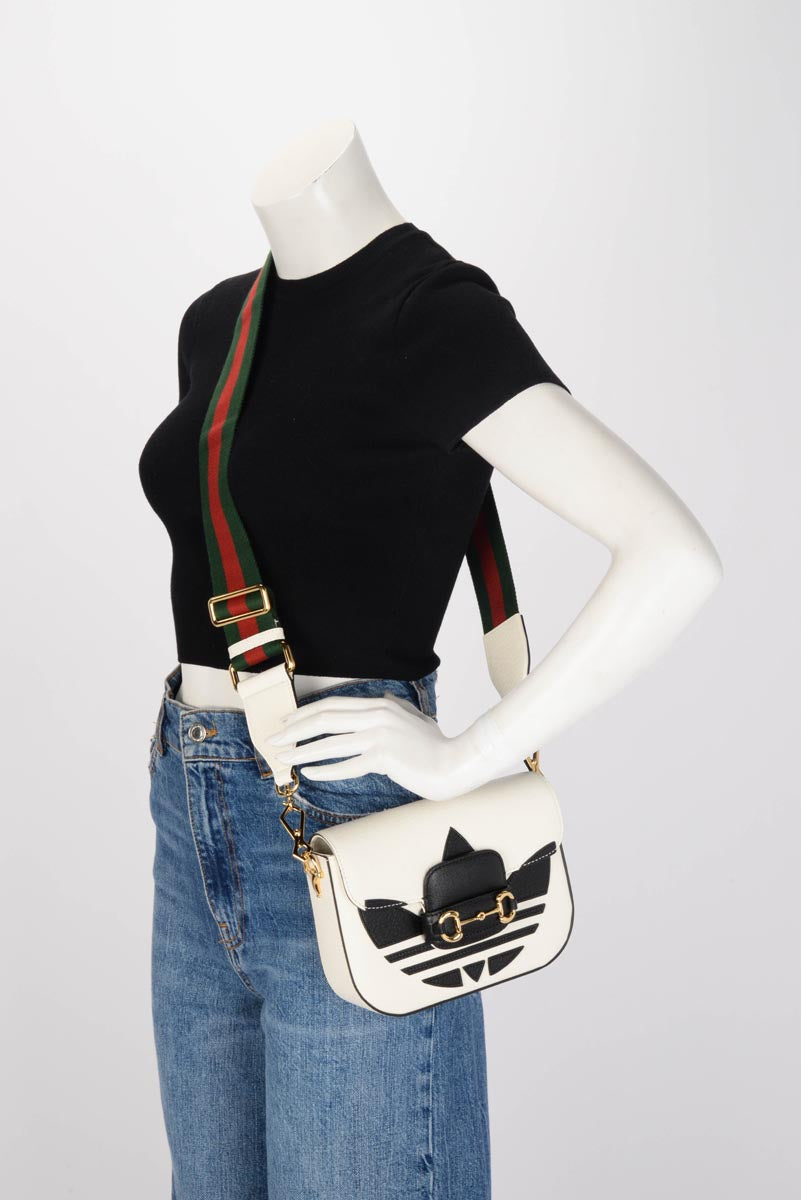 Gucci x Adidas White Textured Dollar Calfskin Horsebit 1955 Mini Bag