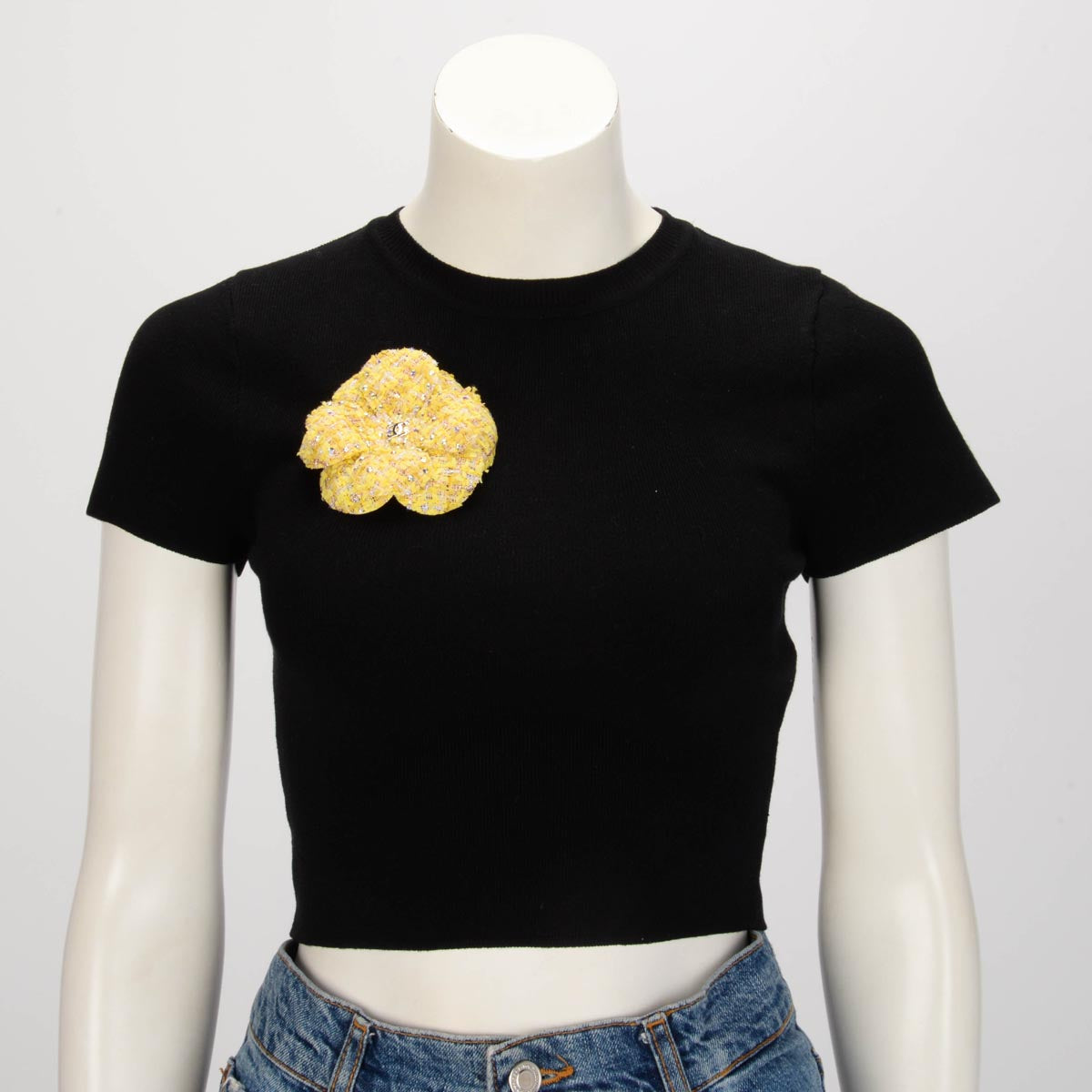 Chanel Yellow Tweed & Crystal CC Camellia Brooch